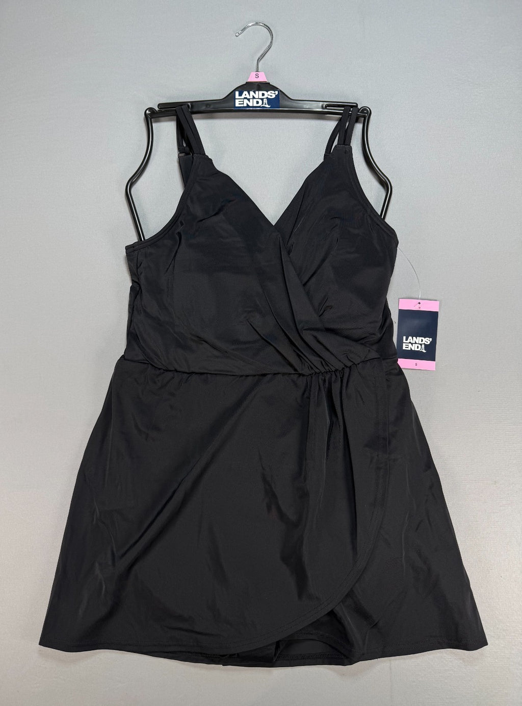 Lands' End Tulip Wrap One-Piece Swim Dress Women's Small Black Sleeveless Preppy