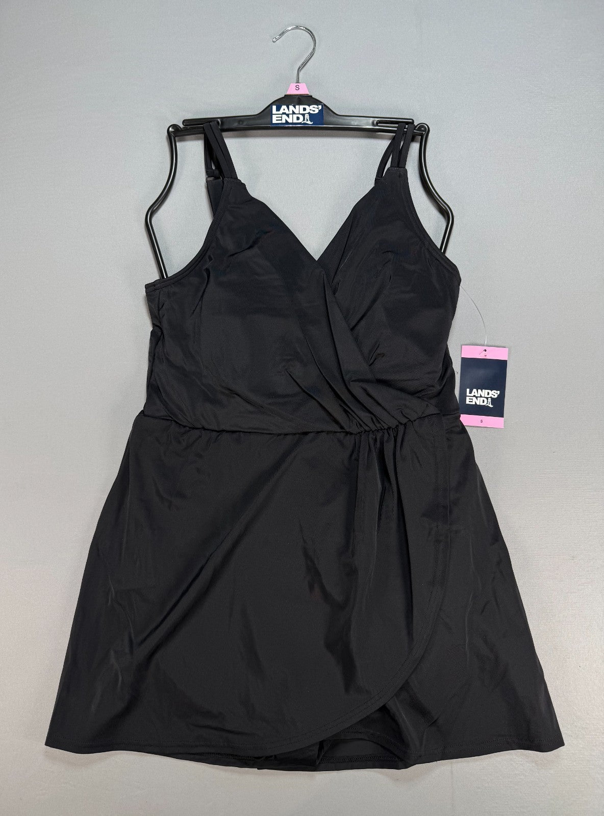 Lands' End Tulip Wrap One-Piece Swim Dress Women's Small Black Sleeveless Preppy