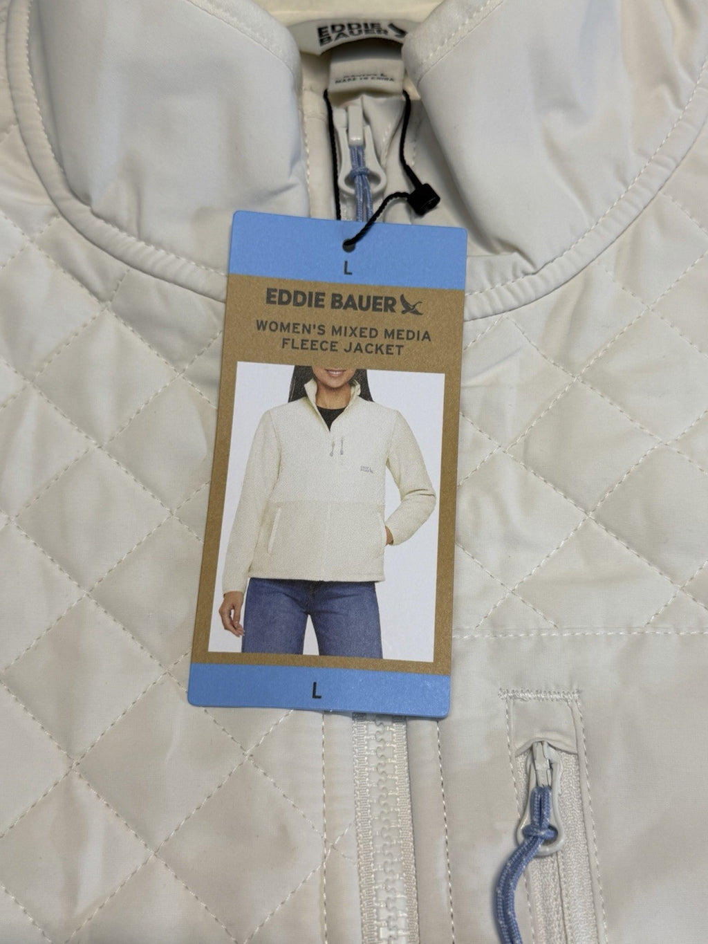 Eddie Bauer Mixed Media Fleece Jacket Women's Large White Cream Full Zip Casual