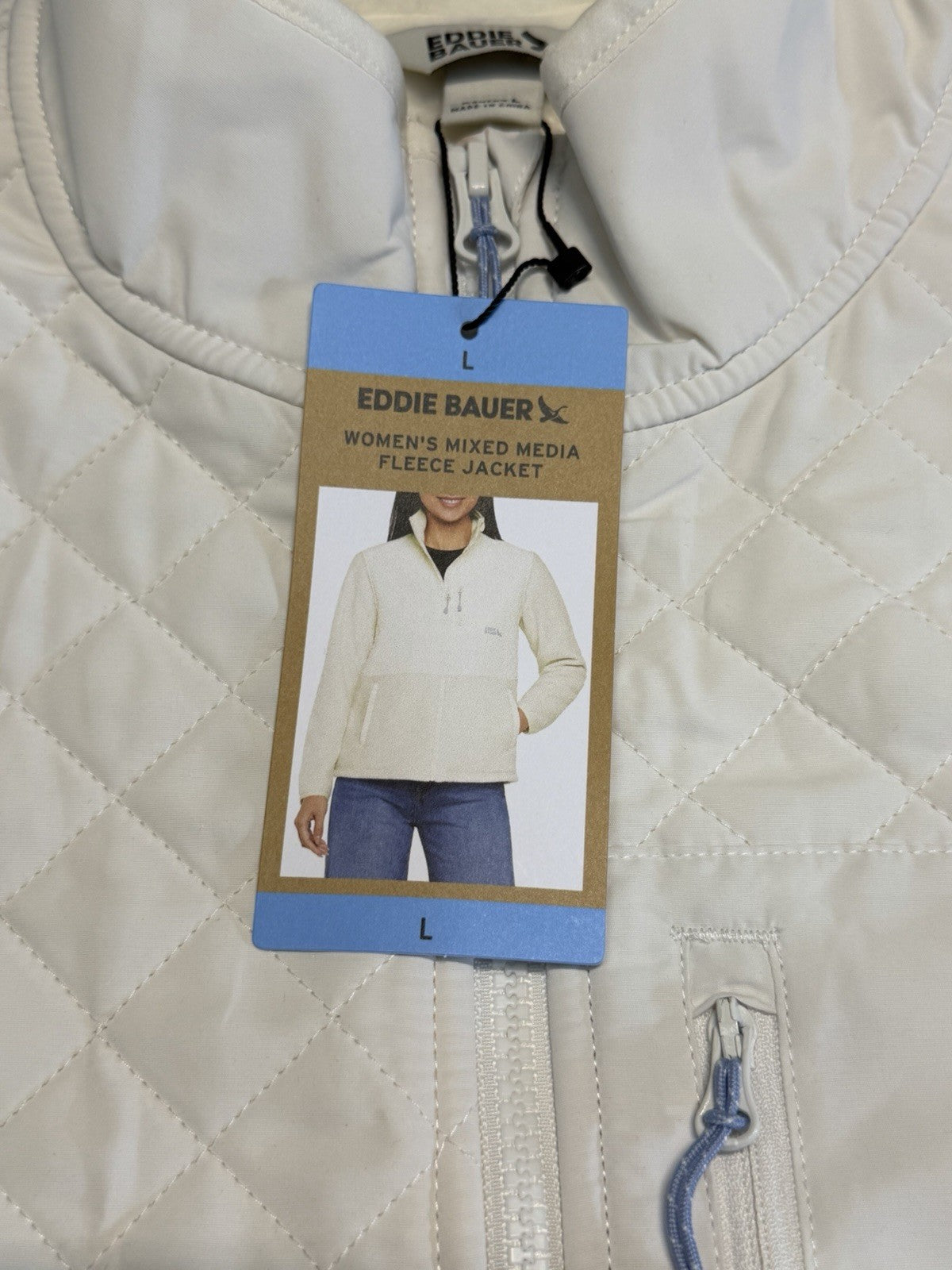 Eddie Bauer Mixed Media Fleece Jacket Women's Large White Cream Full Zip Casual