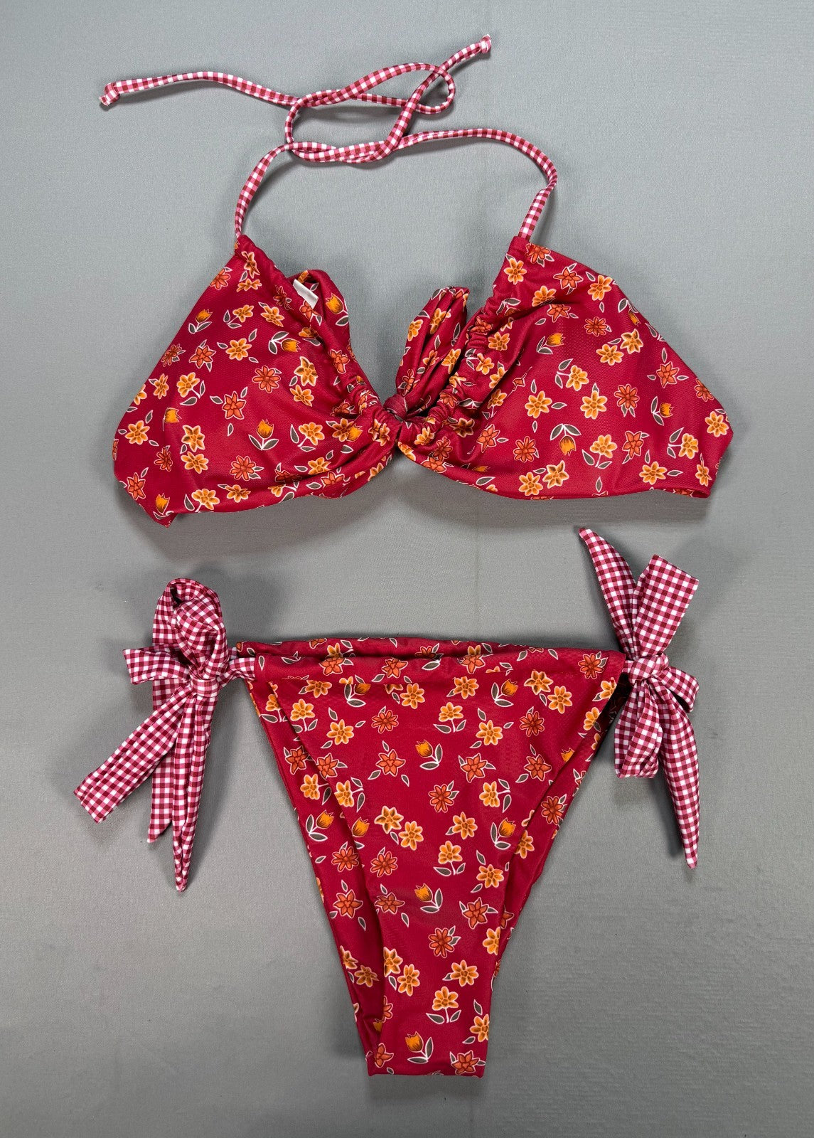 RoseSeek 2-Piece Floral Swimsuit Women's Large Orange Halter Triangle Bathing