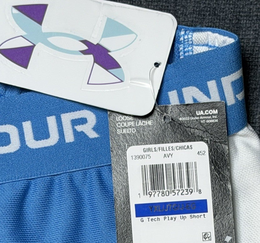 NWT Under Armour Tech Play Up Shorts Girls size YXL Ether Blue Drawstring