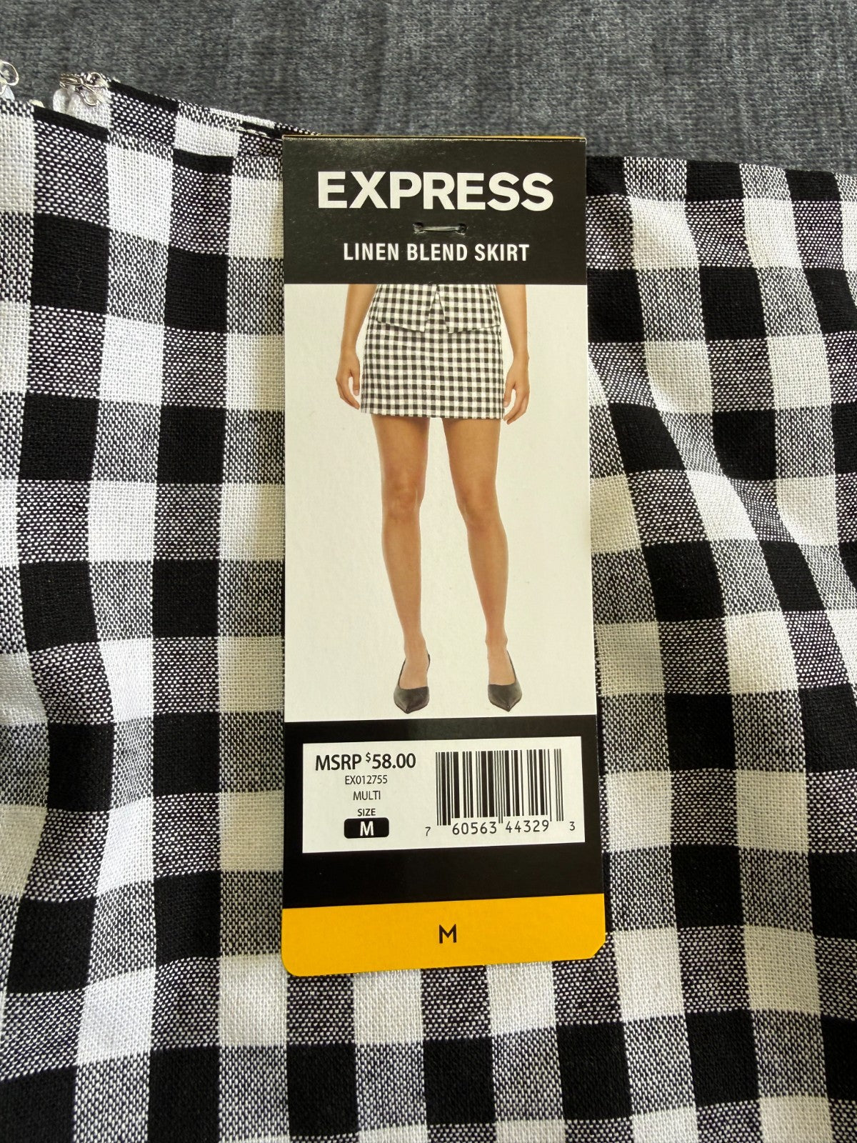 Express Linen Blend Mini Skirt Women's Medium White/Black Gingham Pleated Preppy