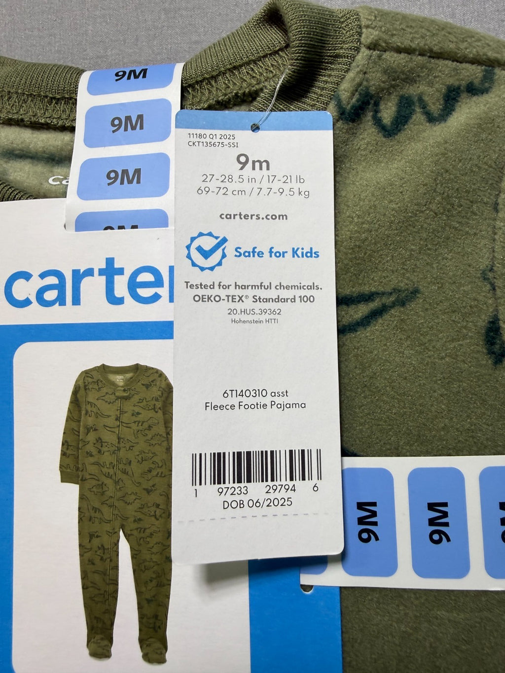NWT Carter's Fleece Footie Pajama Toddlers 9M Green Animal Print Casual Wear