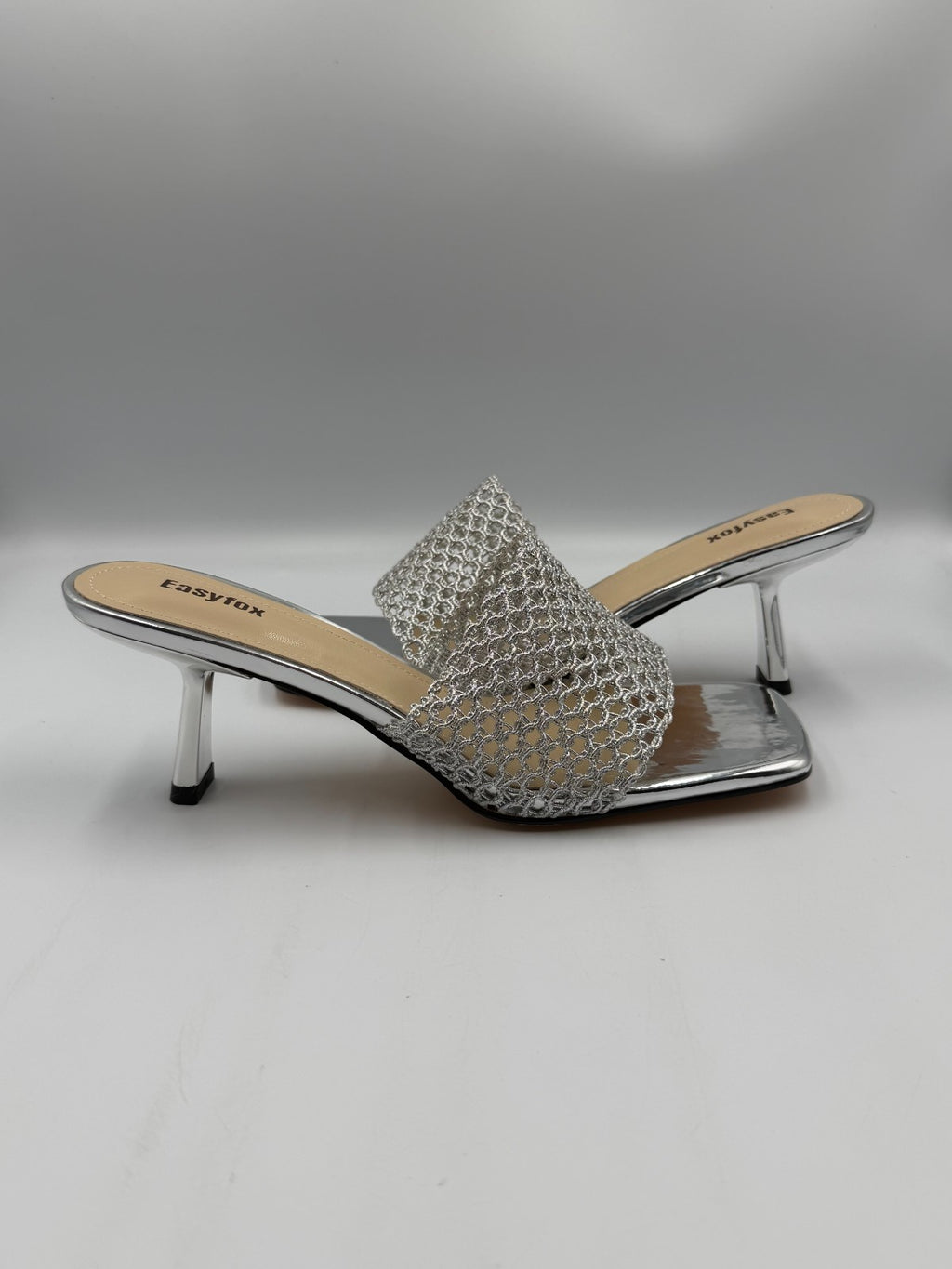 NWB Easyfox Square Toe Stiletto Heeled Slip-On Sandals Women 10 Silver Open Toe