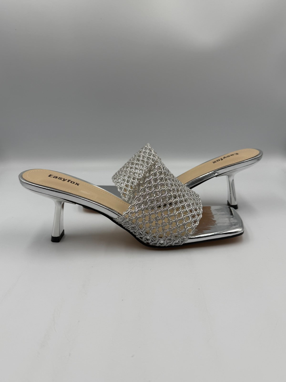 NWB Easyfox Square Toe Stiletto Heeled Slip-On Sandals Women 10 Silver Open Toe