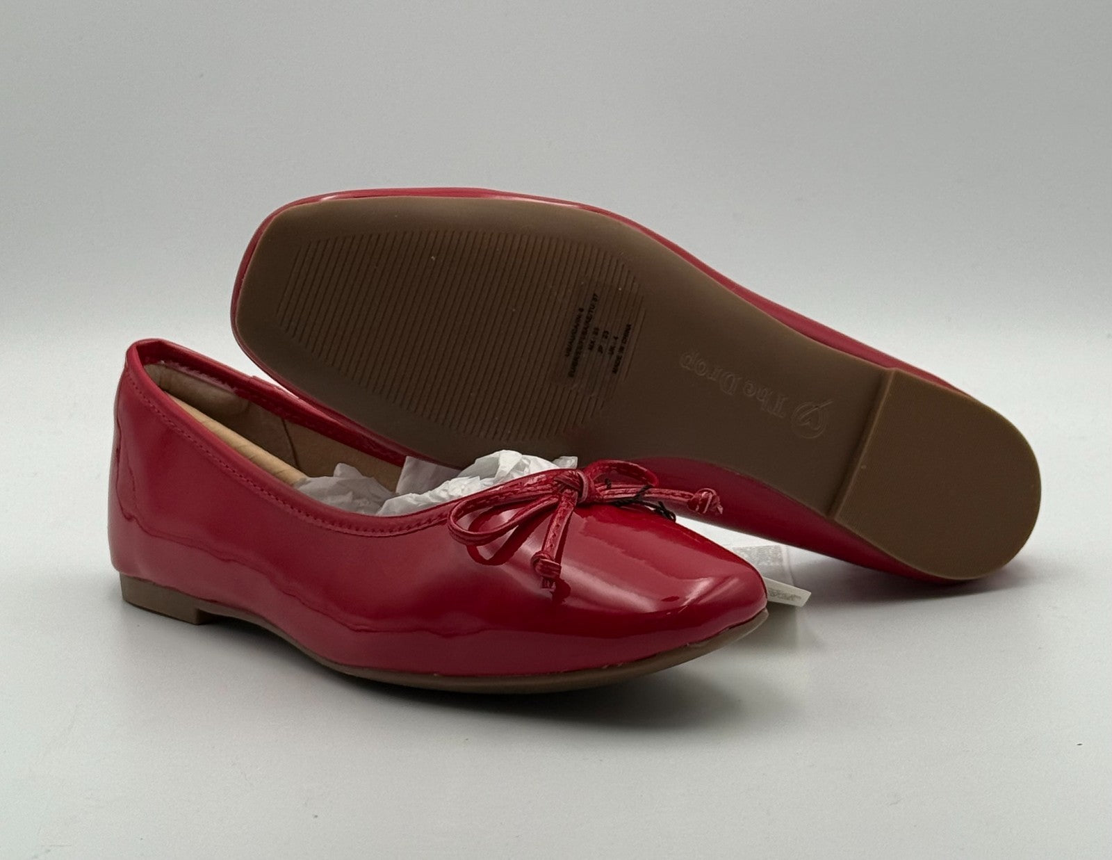 New The Drop Ballet Flats Women's 6 Red Patent Leather Bow Slip-On Almond Toe