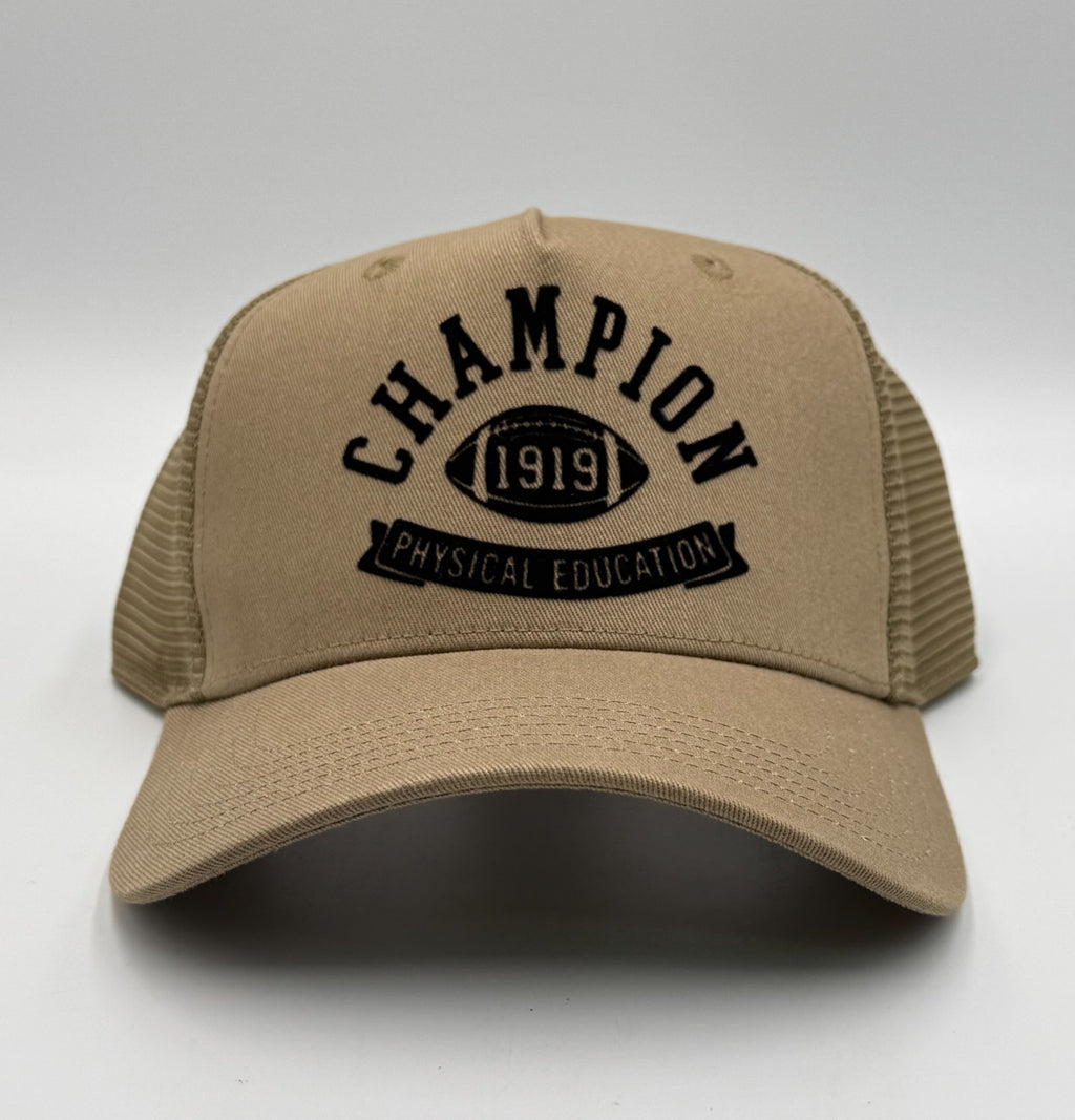 Champion 1919 Physical Education Trucker Hat Men Khaki Tan Mesh Snapback Cap