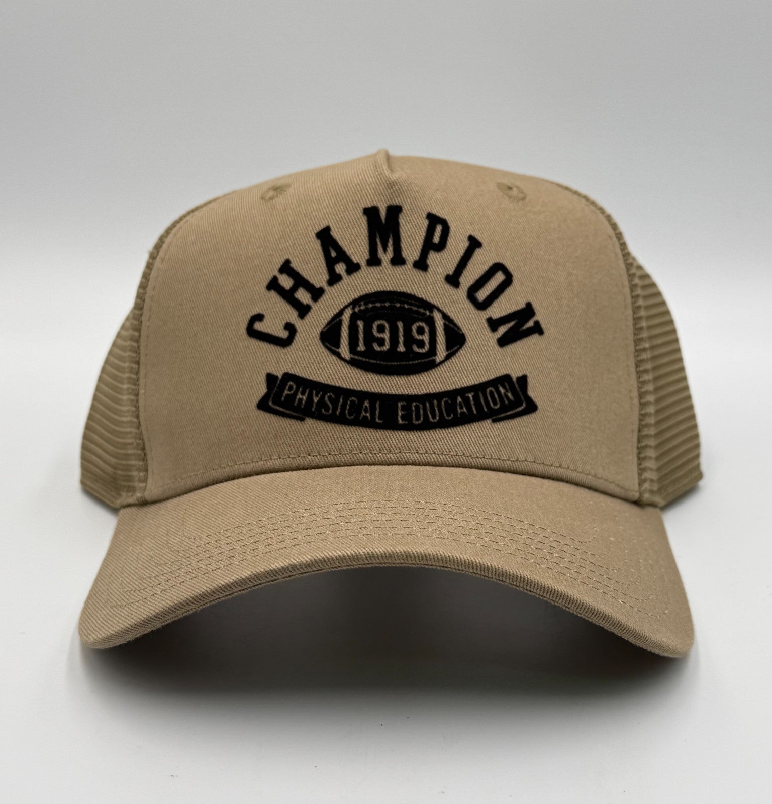 Champion 1919 Physical Education Trucker Hat Men Khaki Tan Mesh Snapback Cap
