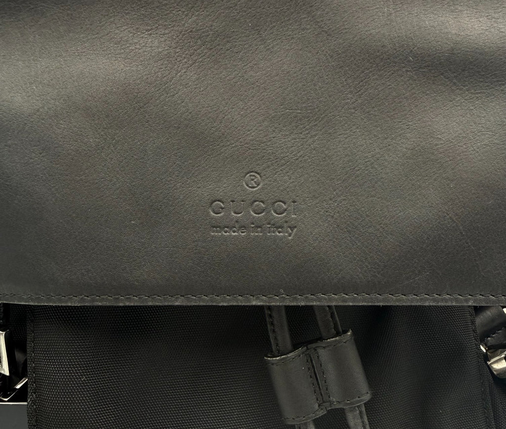Gucci Backpack Unisex Nylon Leather Black Embossed Logo Flap Drawstring Buckle