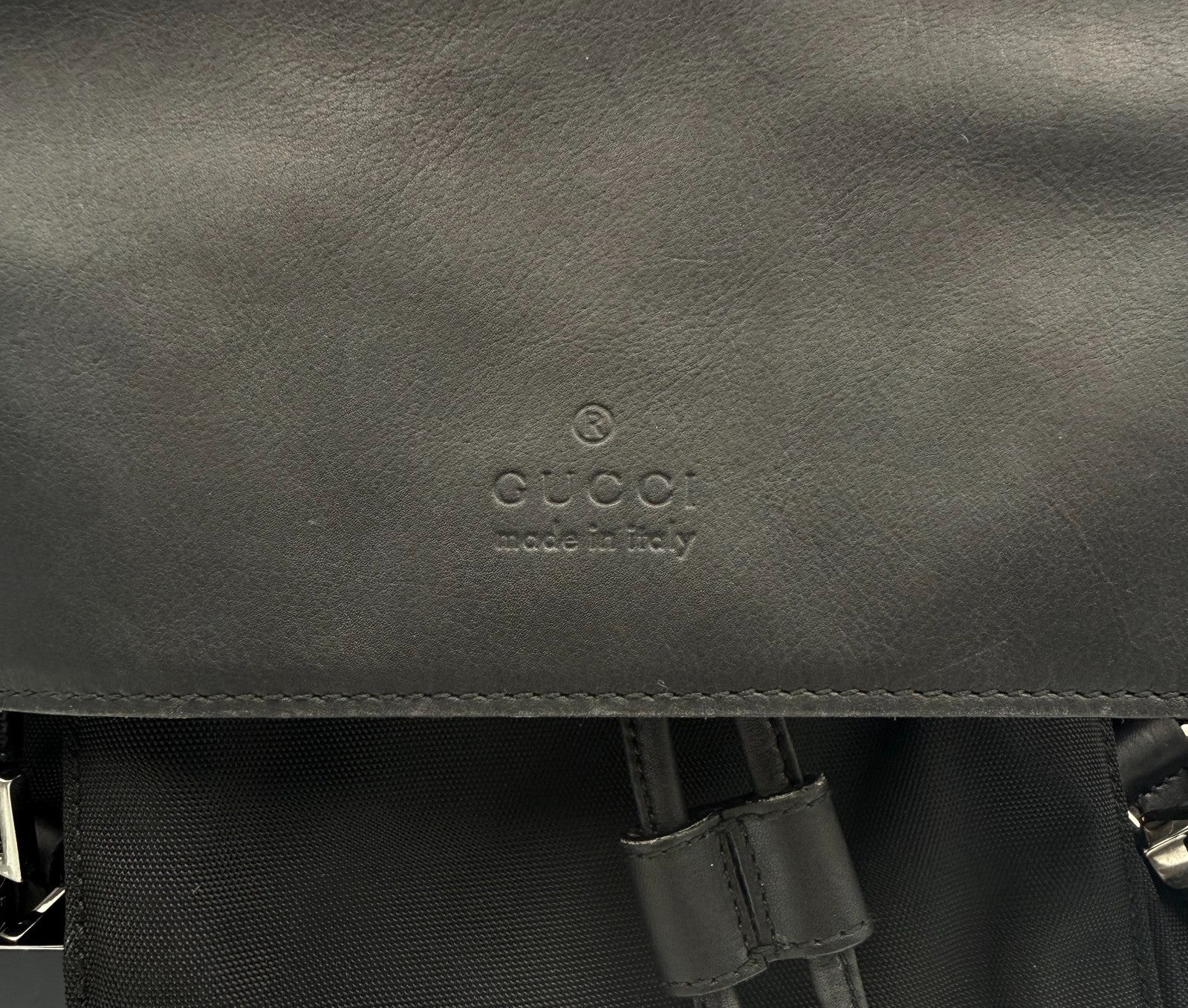 Gucci Backpack Unisex Nylon Leather Black Embossed Logo Flap Drawstring Buckle