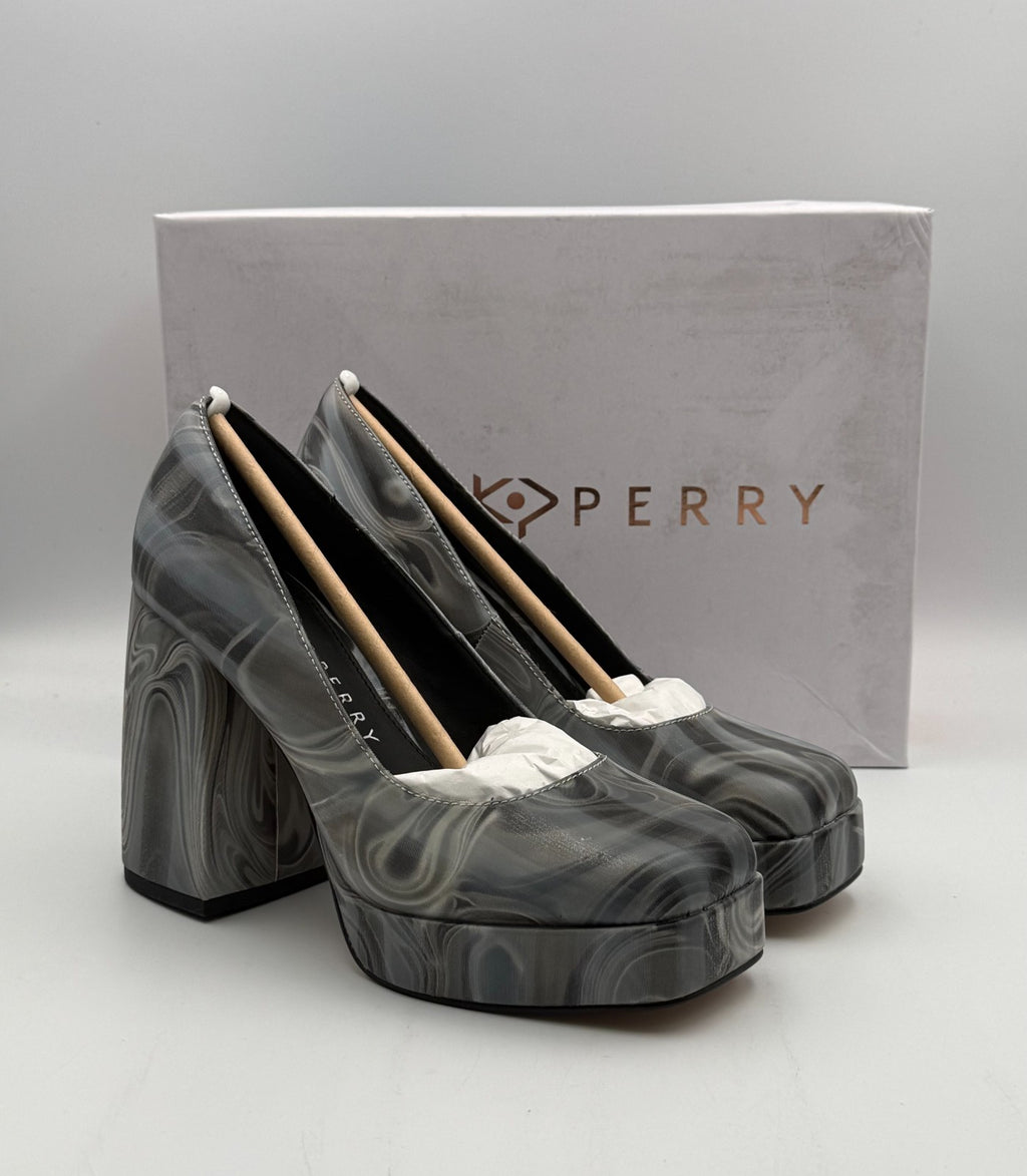 NEW Katy Perry The Uplift Platform Pumps Womens 6M Black Multi Holographic Swirl