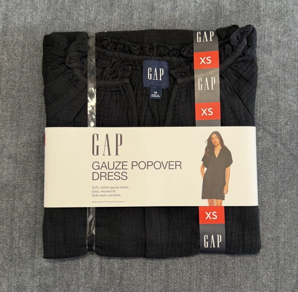Gap Gauze Popover Dress Women's XS Black Short Sleeve Deep V-Neck 100% Cotton