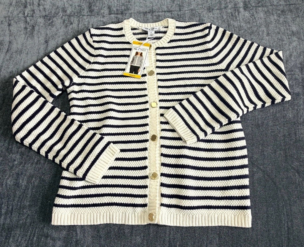 NWT Nine West Cropped Cardigan Sweater Women's Medium White Navy Striped Classic