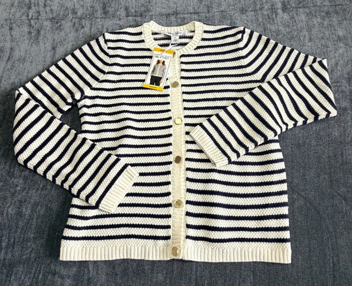 NWT Nine West Cropped Cardigan Sweater Women's Medium White Navy Striped Classic