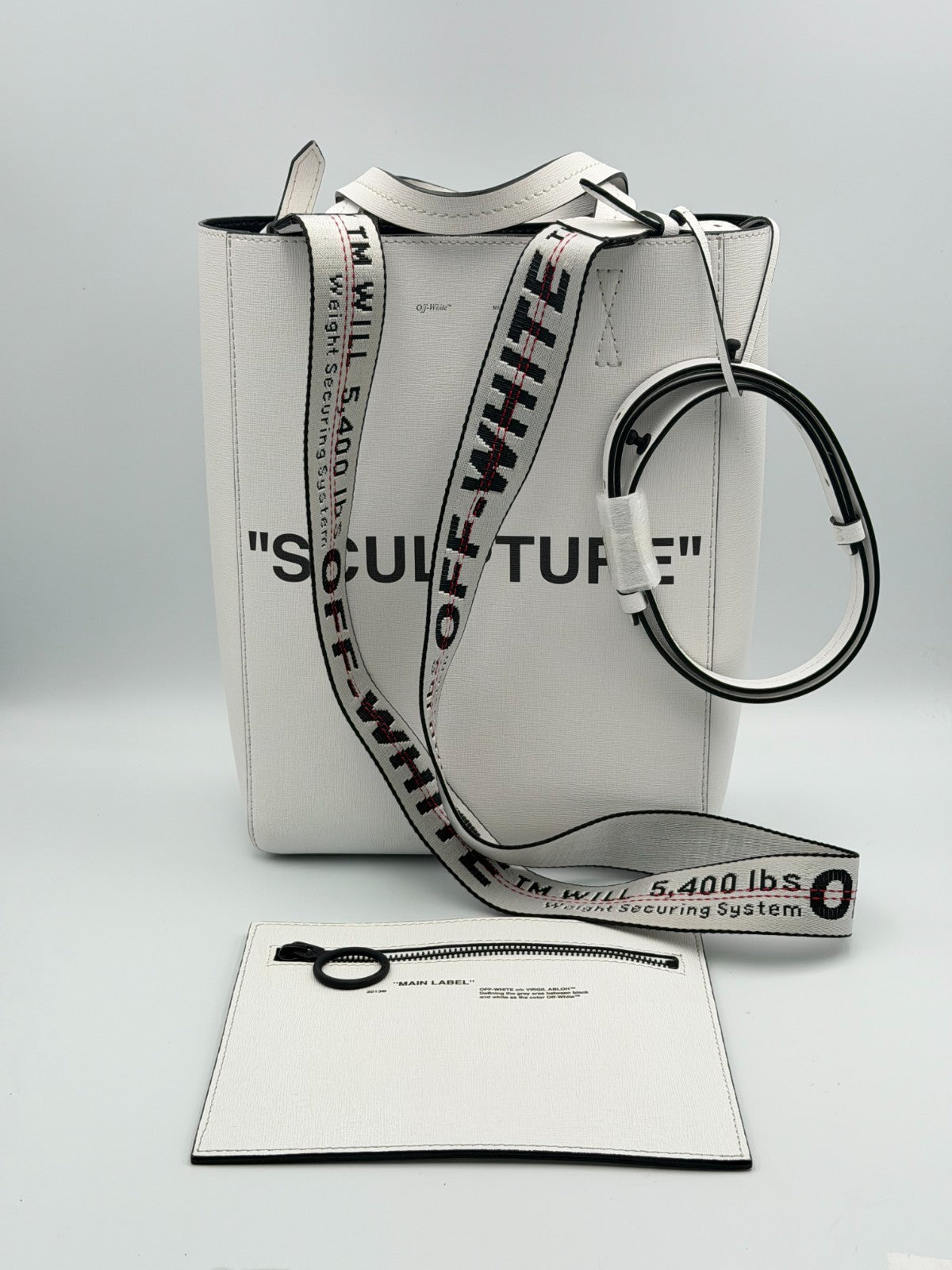 Off-White Sculpture Tote Bag Women White Leather Industrial Strap Luxury Handbag