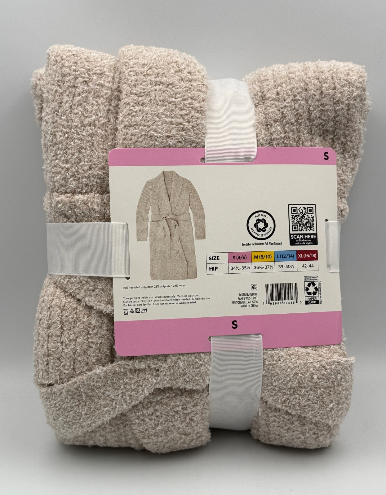 NWT Member's Mark Cozy Knit Robe Women's Small Beige Tie Belt Patch Pockets