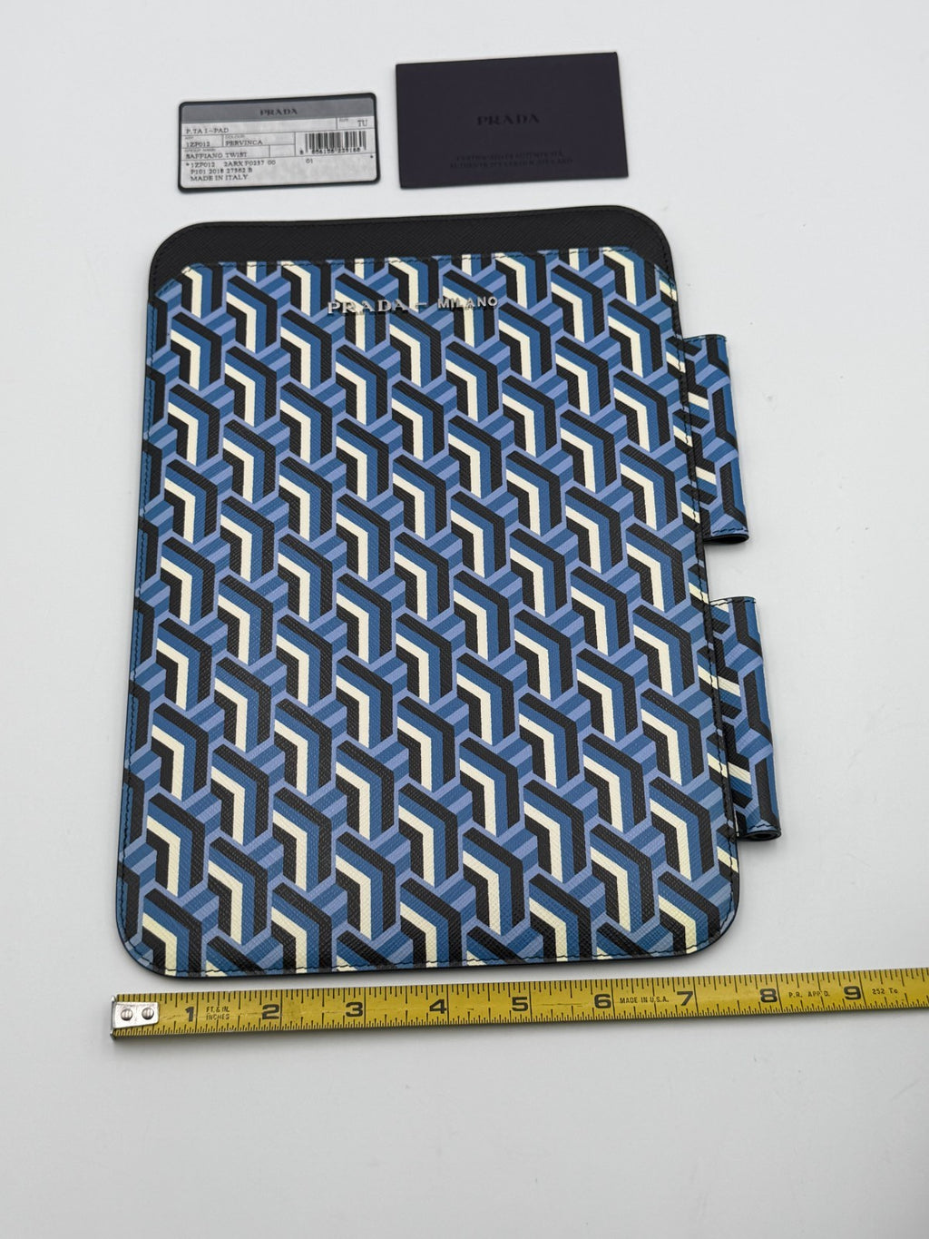 NEW Authentic Prada leather iPad Tablet Case Blue Geometric Saffiano Twist