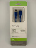 NEW Ativa Blue USB-A to Micro-B Charging Sync Hard Drive 6ft Micro USB 3.0 Cable