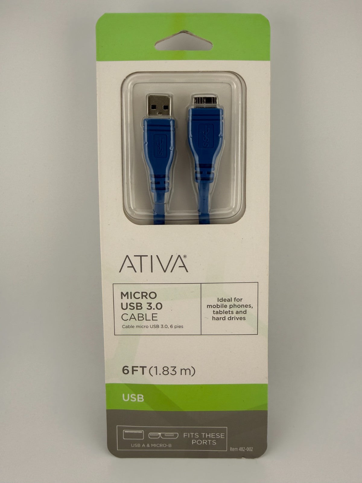 NEW Ativa Blue USB-A to Micro-B Charging Sync Hard Drive 6ft Micro USB 3.0 Cable