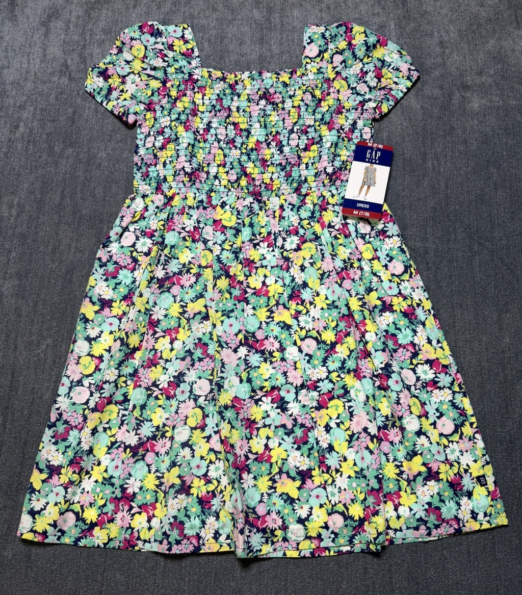 NWT Gap Knee Length Smocked Dress Girls M (7/8) Multicolor Floral Short-Sleeve