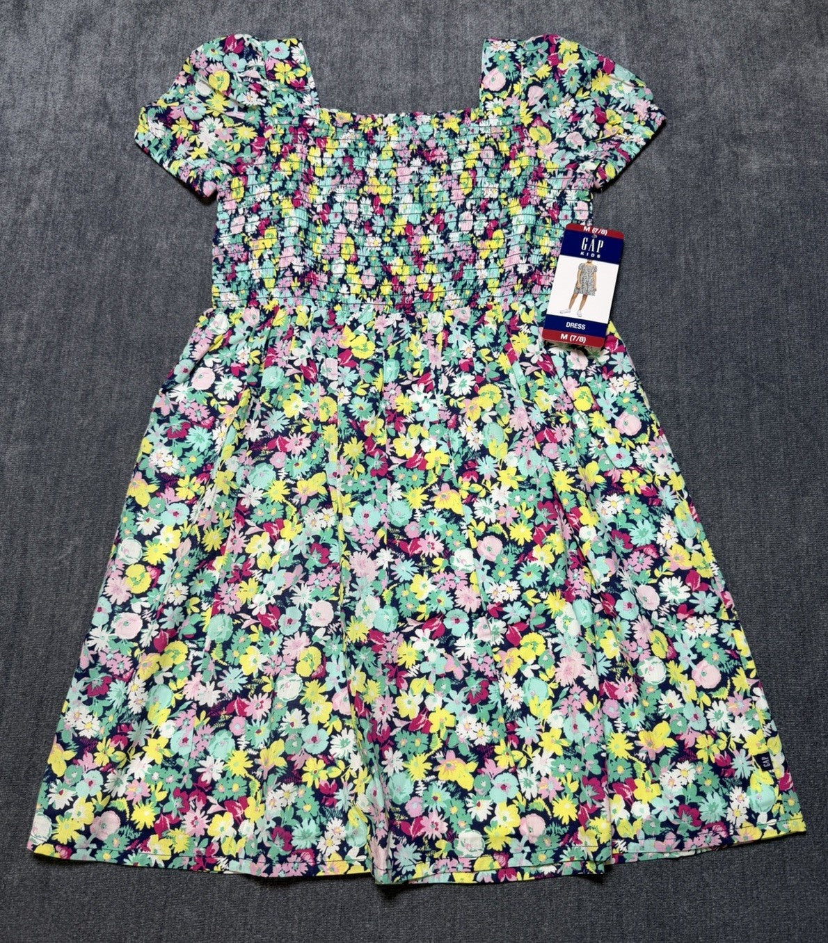 NWT Gap Knee Length Smocked Dress Girls M (7/8) Multicolor Floral Short-Sleeve