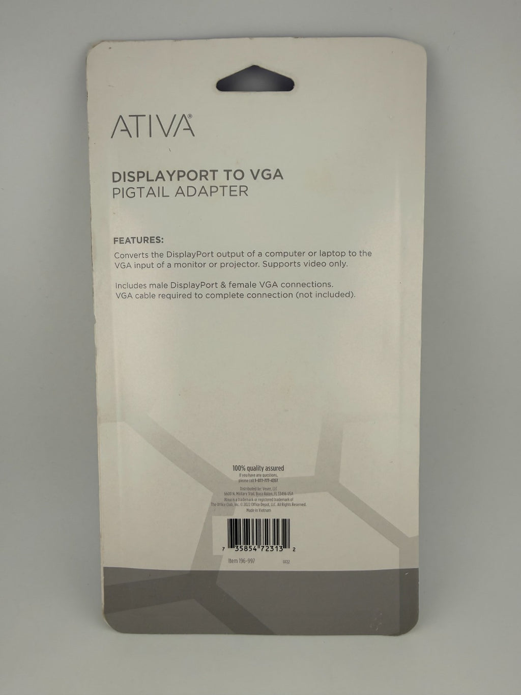 New Ativa Black DP Male to VGA Female Adapter 6 Inch Pigtail Cable]