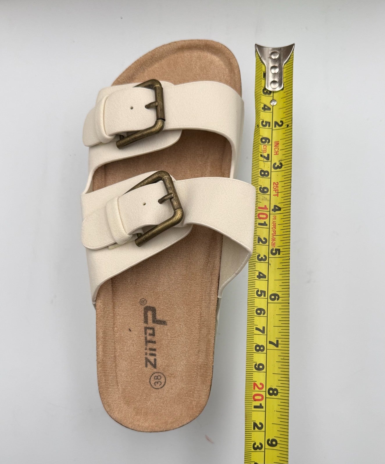 New Ziitop Double Buckle Flat Footbed Sandal Women's 7 Beige Leather Platform