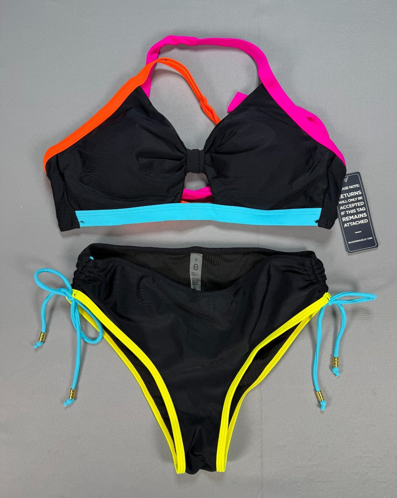 NWT B2prity 2 Piece Bikini Set Women’s Small Black Neon Summer Beach Swimsuit