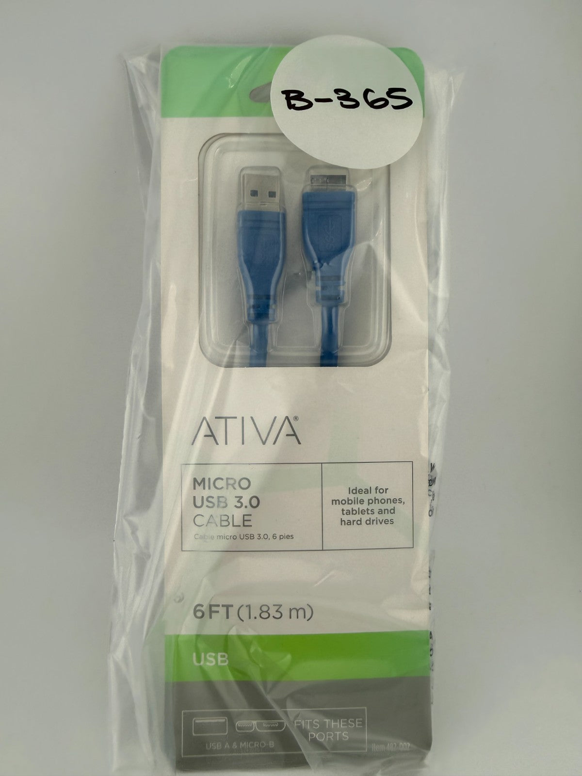 NEW Ativa 487-002 Blue USB-A to Micro-B Charging Sync 6ft Micro USB 3.0 Cable