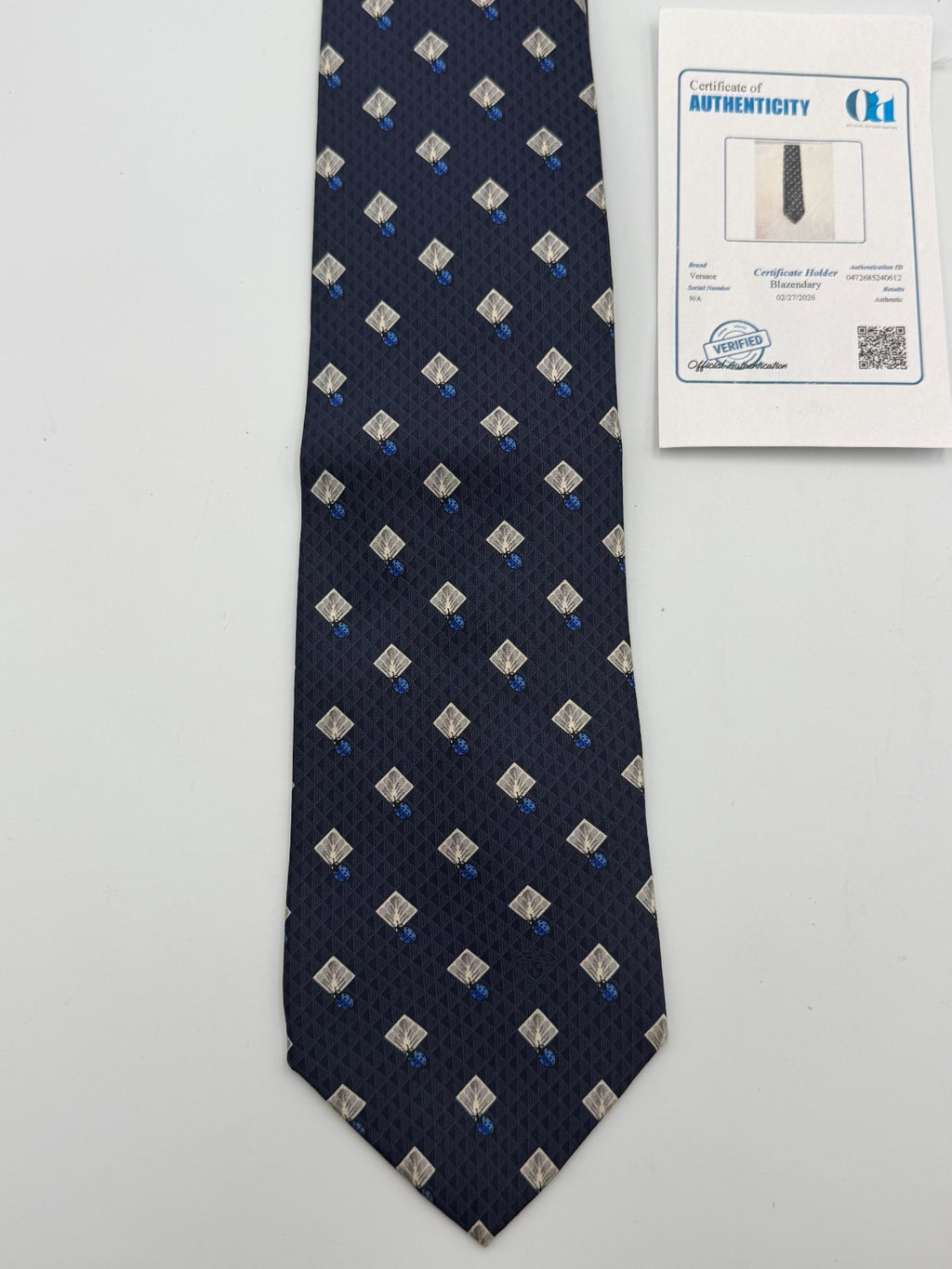 Vintage Versace Silk Necktie Men's Blue Geometric Diamond Pattern Luxury Tie