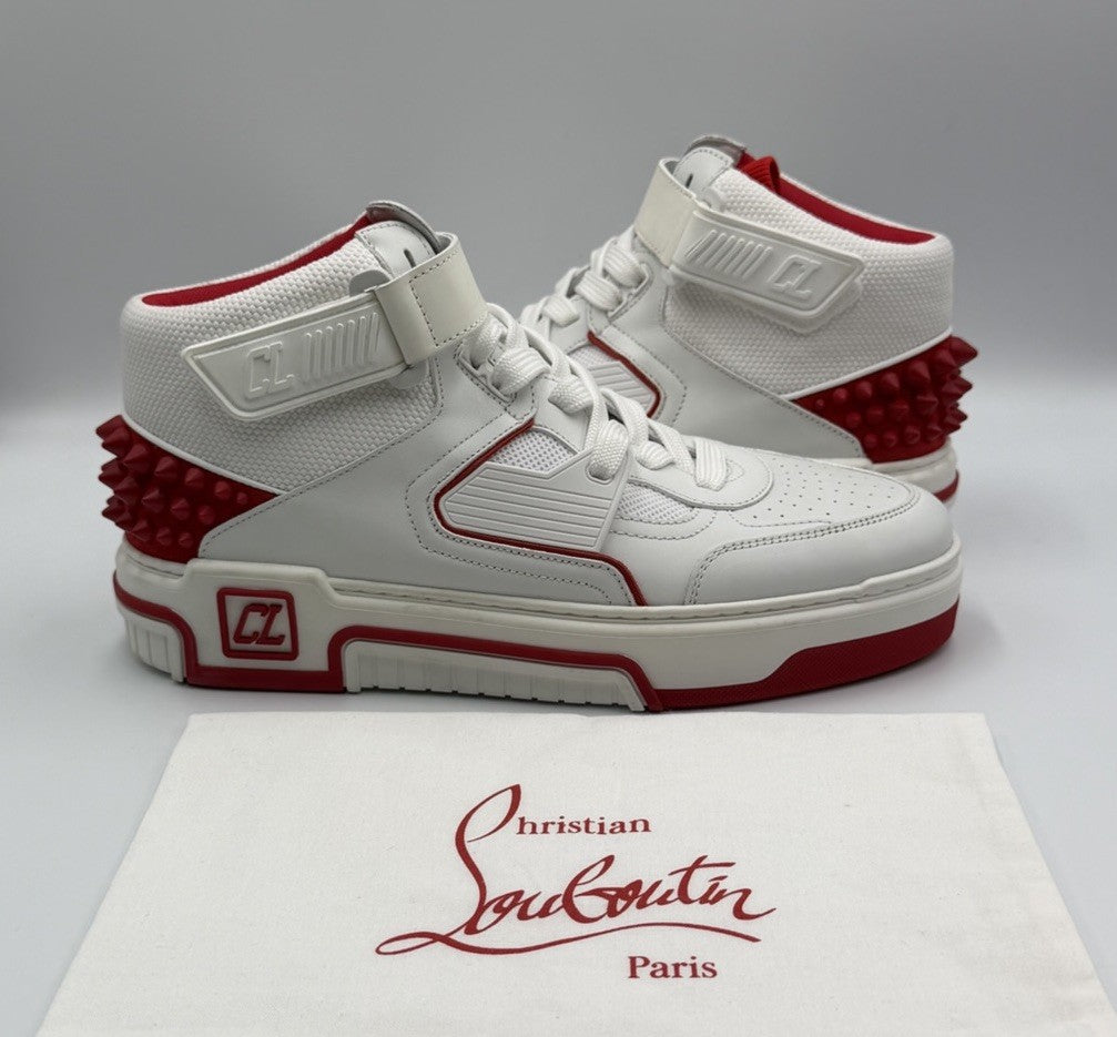 CHRISTIAN LOUBOUTIN White Red Astroloubi Spike Mid Top Sneakers 41.5 EU; 8.5 US