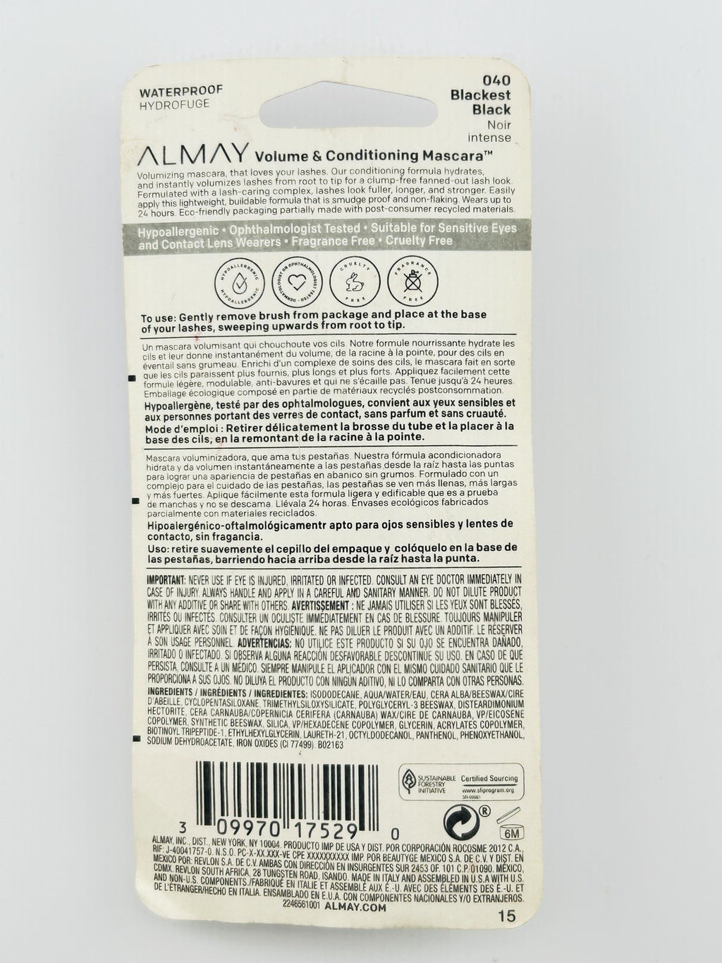 Almay Volume & Conditioning Mascara, 040 Blackest Black Waterproof, 0.27 fl oz