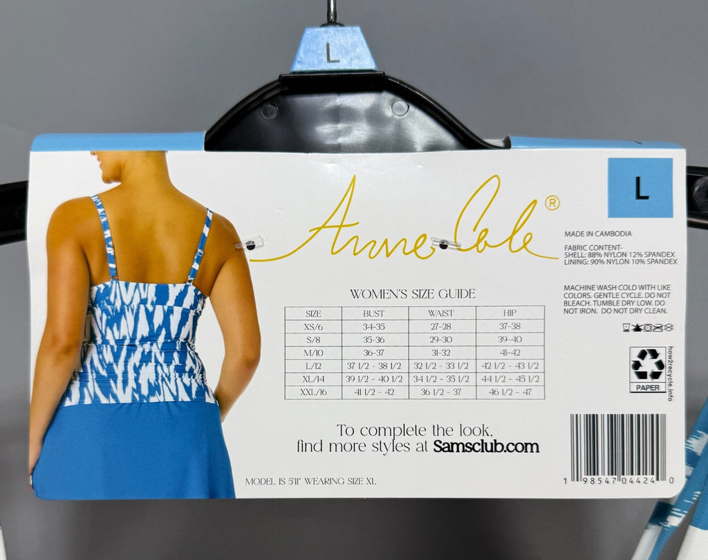 Anne Cole Limited Edition Tankini Swim Top Women's Large Blue Ikat Print Preppy