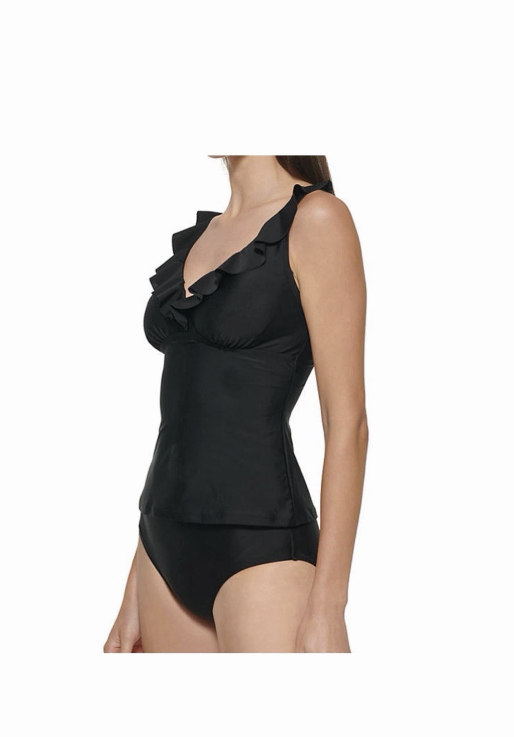 $118 DKNY 2-Pieces Ruffle Plunge Tankini Swimsuit Women's Small Black Sleeveless