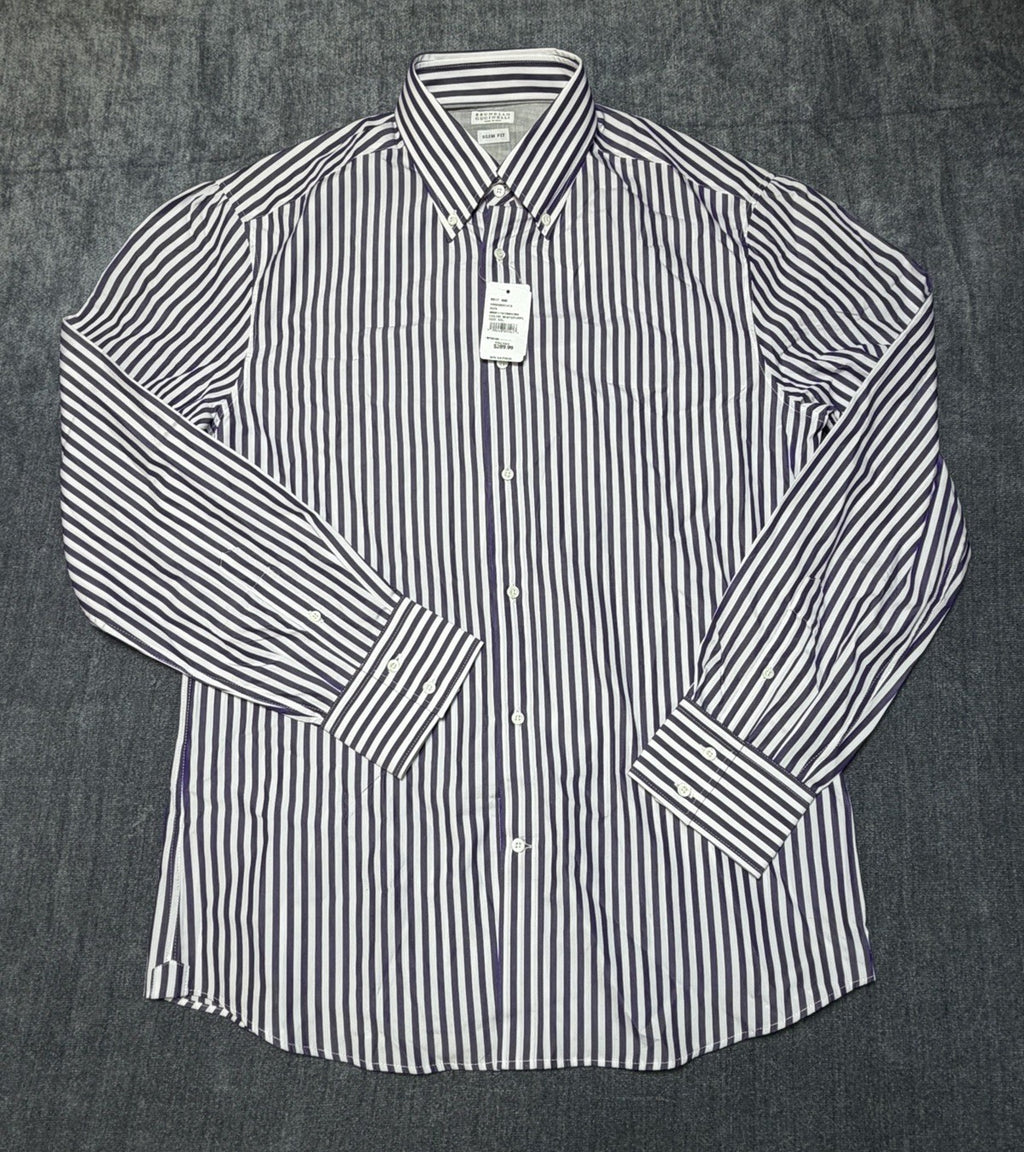 Brunello Cucinelli Button-Up Shirt Men's 2XL Blue/White Striped Slim Fit Collar
