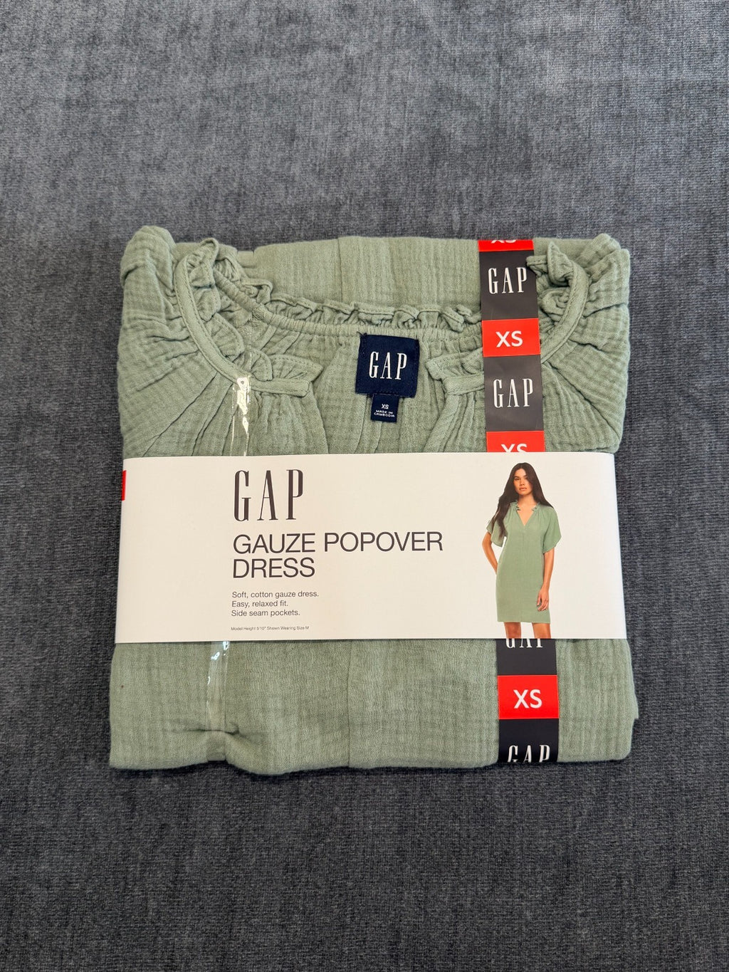 NWT Gap Gauze Popover Dress Women XS Green Short Sleeve Deep V-Neck 100% Cotton
