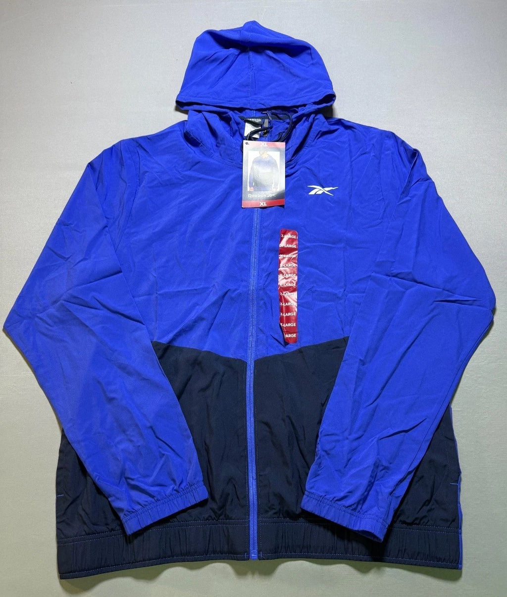 NWT Reebok Full Zip Colorblock Adjustable Hood Training Woven Jacket Men XL Blue