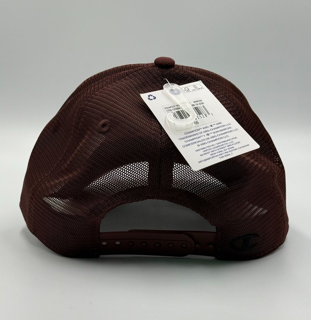 NWT Champion Logo Trucker Hat Men's Maroon Mesh Adjustable Snapback Cap Sports