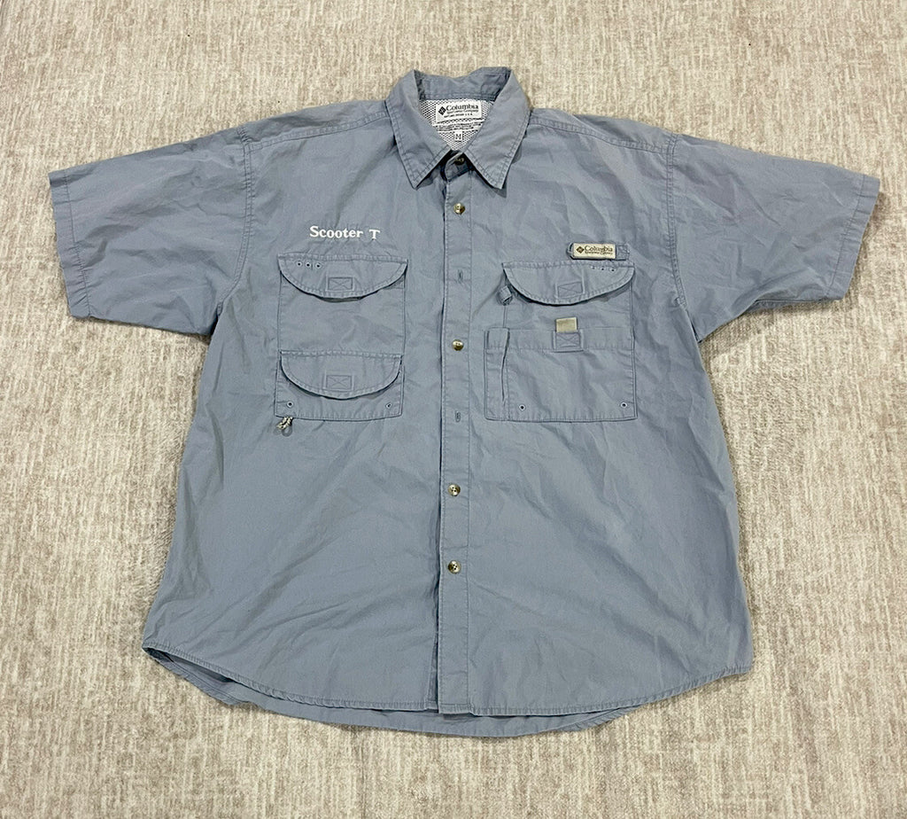 Columbia PFG Button Up Shirt  Mens Size Medium Gray Short Sleeve - B1