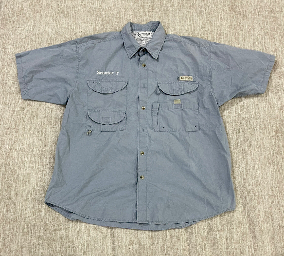Columbia PFG Button Up Shirt  Mens Size Medium Gray Short Sleeve - B1