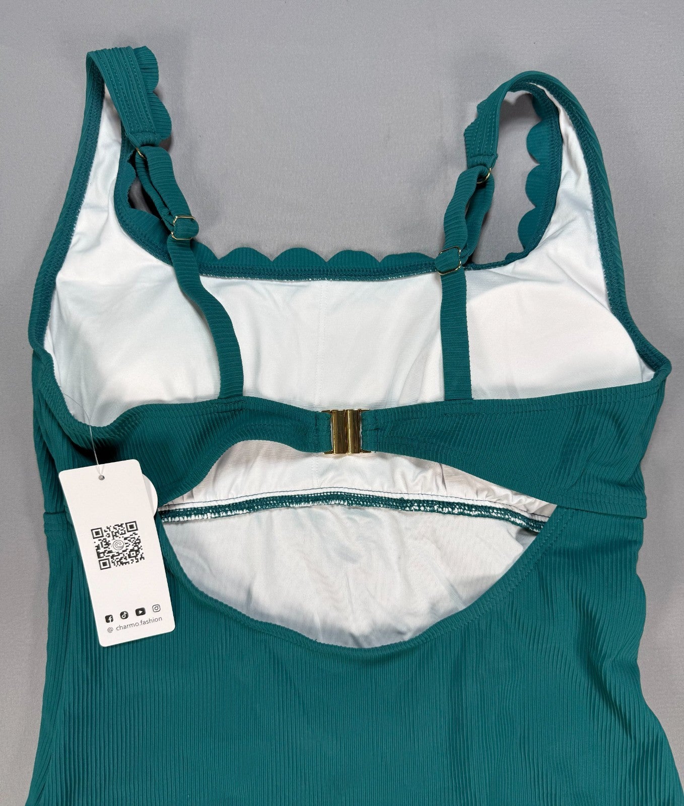 Charmo Ribbed Scalloped One Piece Swimsuit Womens Teal Green Retro Square Neck M