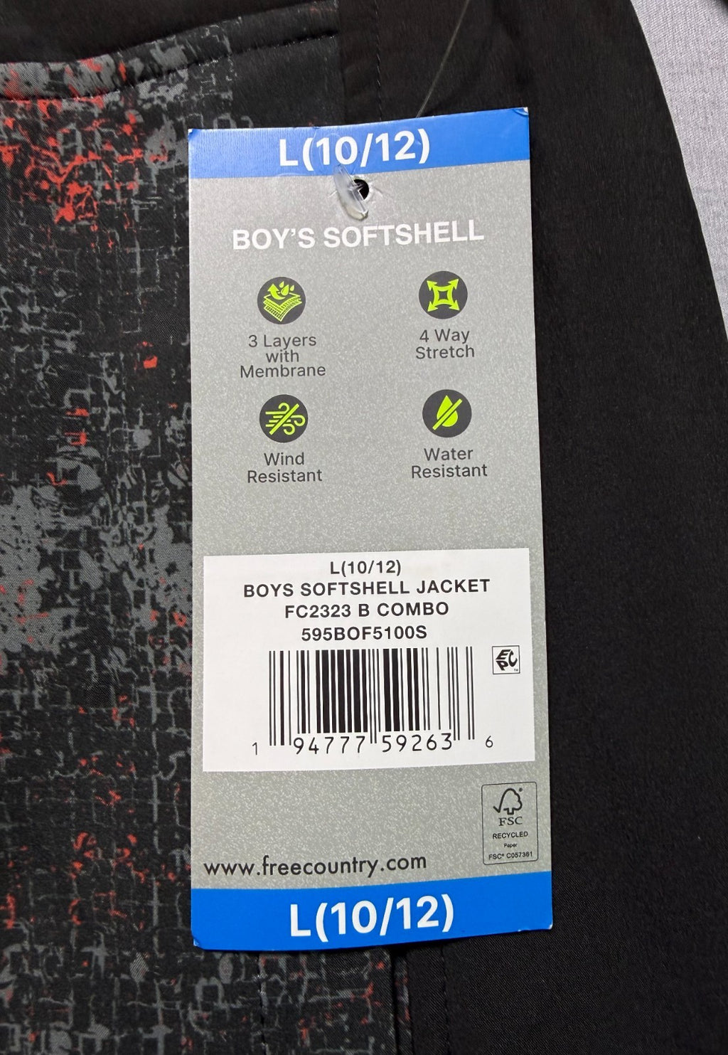 NWT Free Country Vertex Softshell Jacket Boys Large (10/12) Black Camo Full Zip