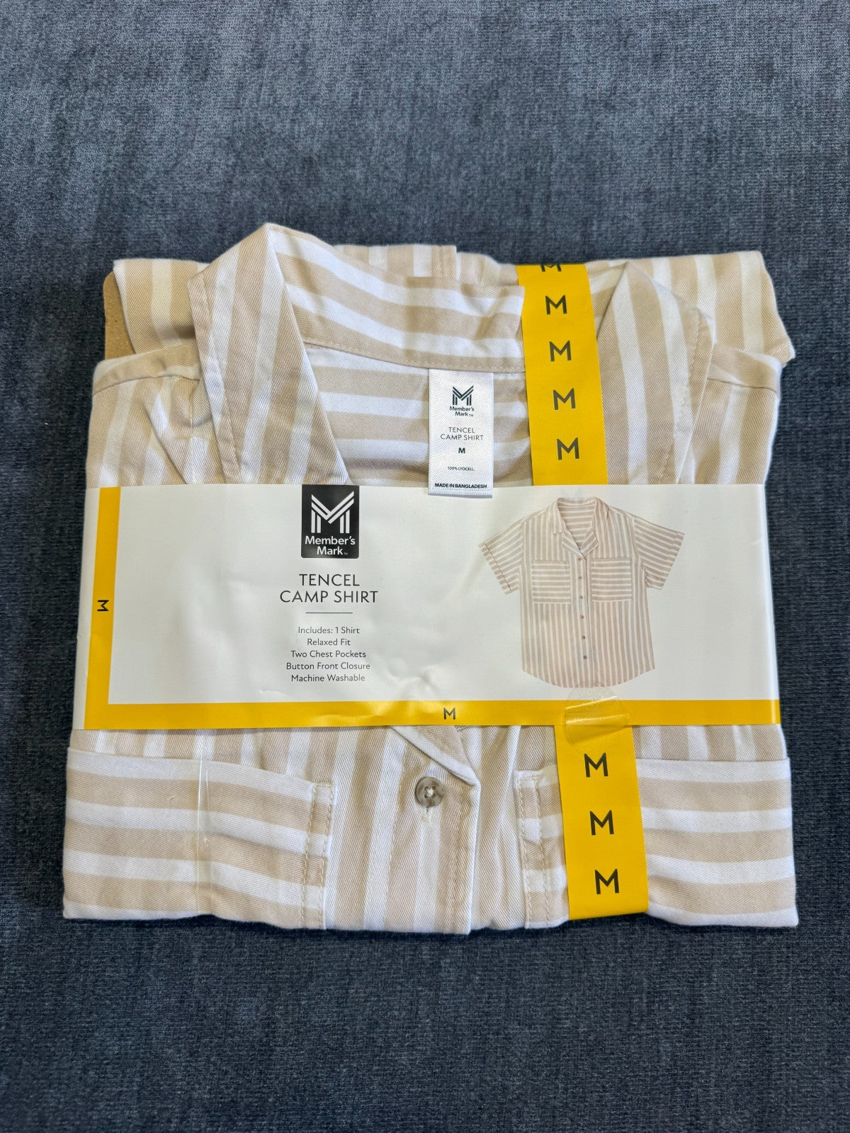 NWT Member's Mark Tencel Camp Collar Shirt Women's Medium Cream Striped Classic