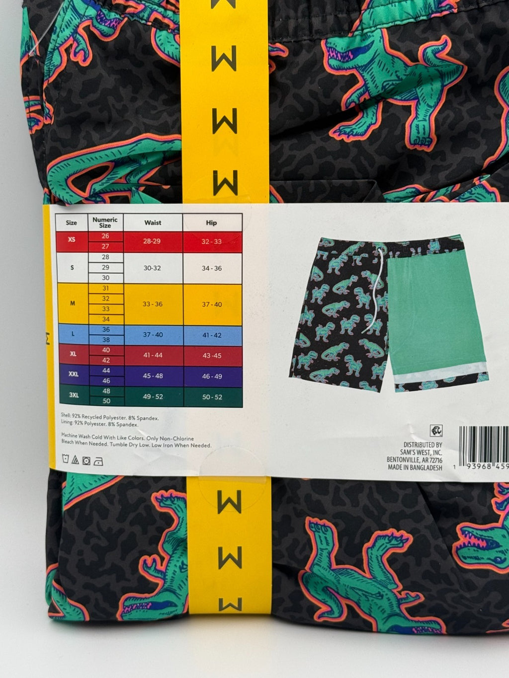 NWT Member's Mark Resort Swim Trunks Men's Medium Black Dinosaur Print 7" Inseam