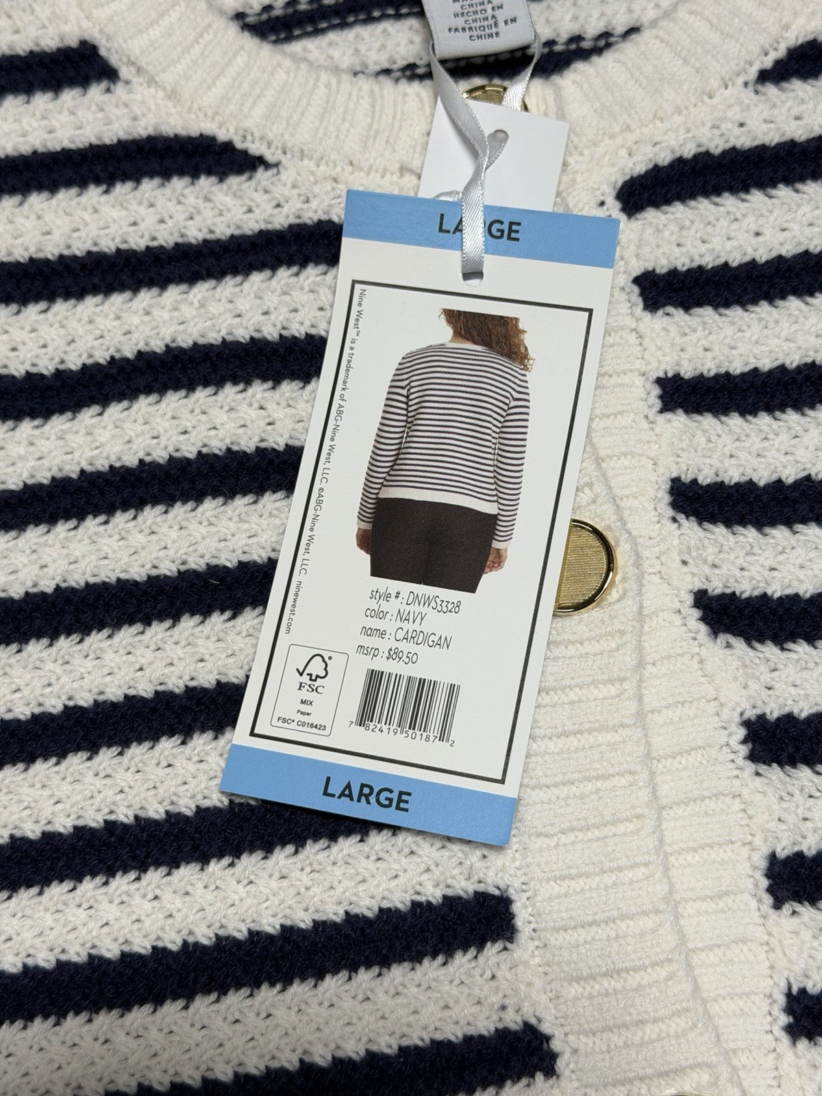 NWT Nine West Cropped Cardigan Sweater Women's Large White Navy Striped Classic