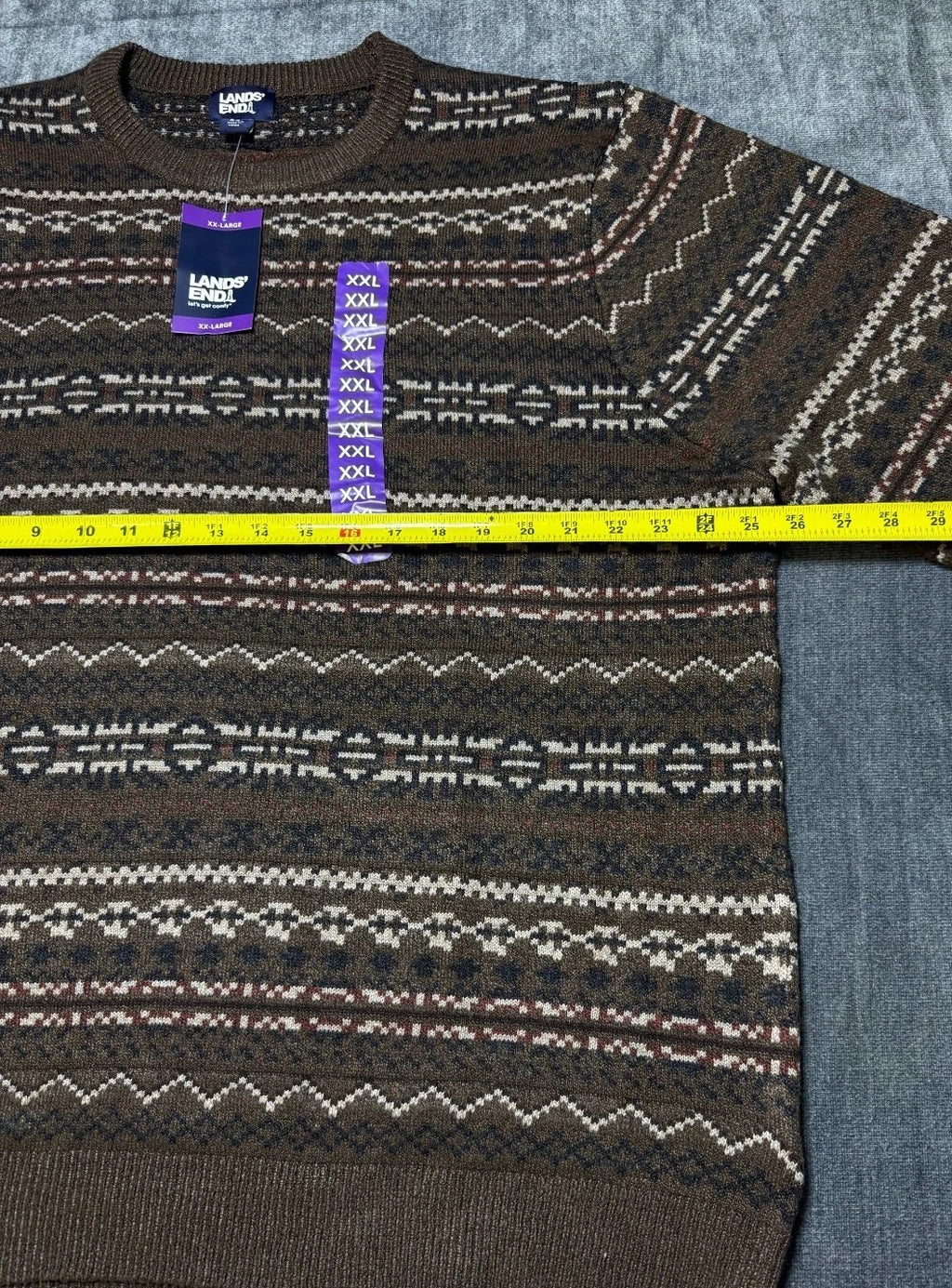 NWT Land's End Long Sleeve Knitted Crew Neck Fair Isle Sweater Men's 2XL Brown