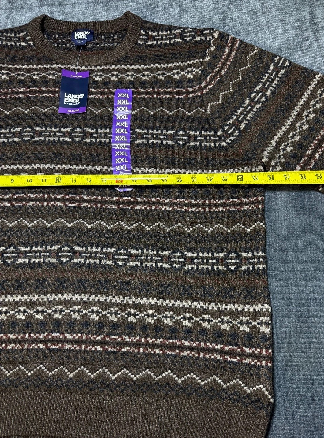 NWT Land's End Long Sleeve Knitted Crew Neck Fair Isle Sweater Men's 2XL Brown