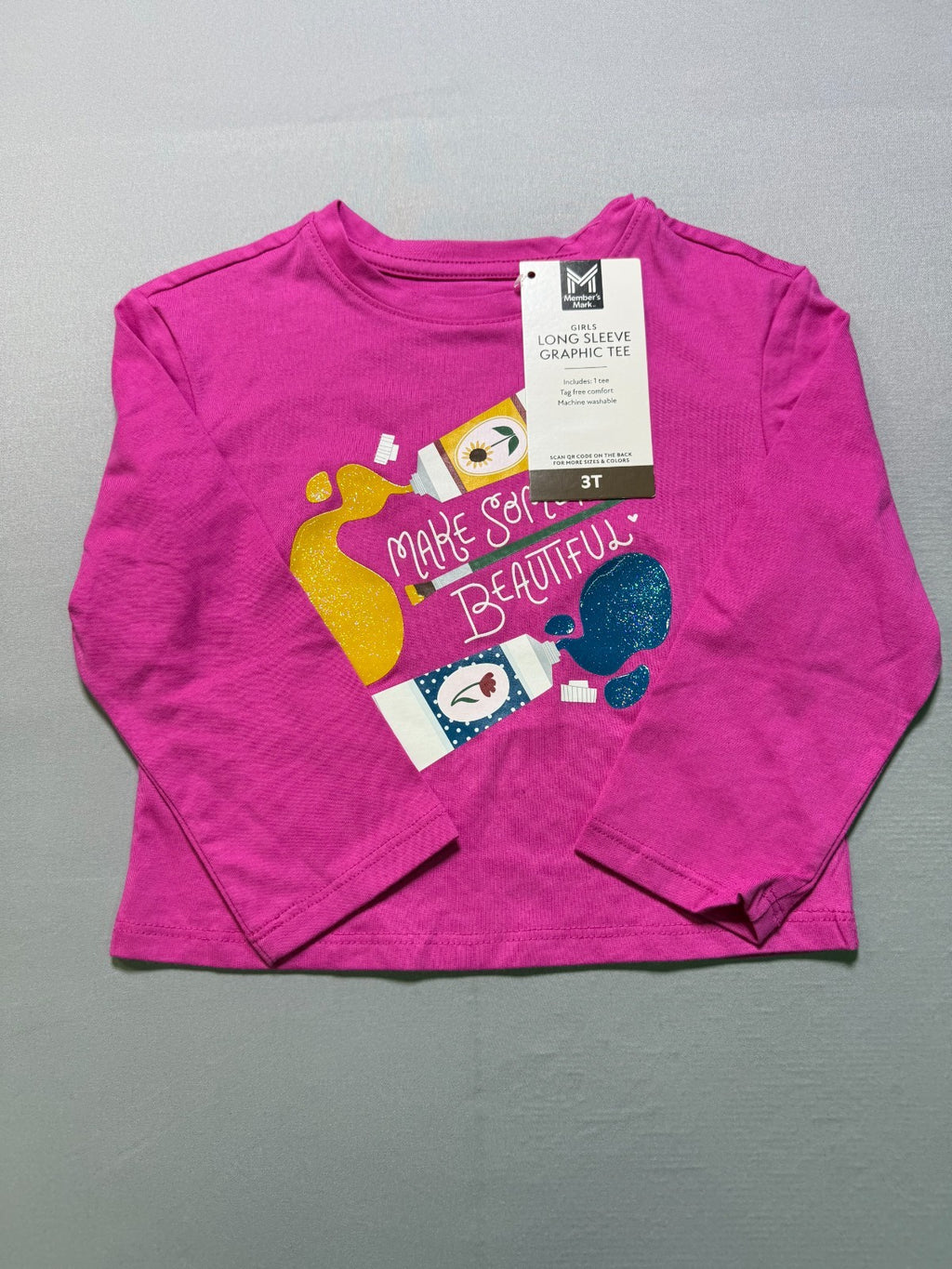 NWT Member's Mark Long Sleeve Graphic Tee Shirt Girls Baby 3T Crewneck Pullover