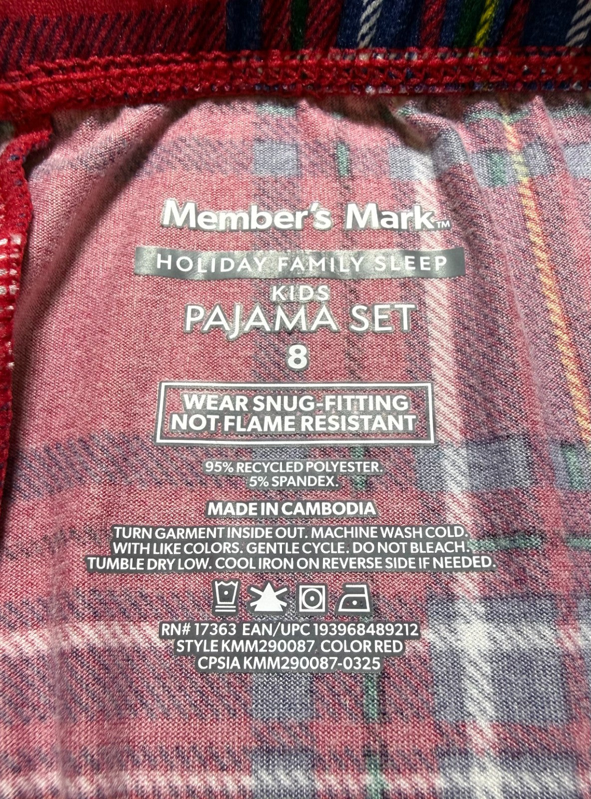 NWT Member's Mark Family Sleep 2-Piece Pajama Set Unisex Kids 8 Red Embroidered
